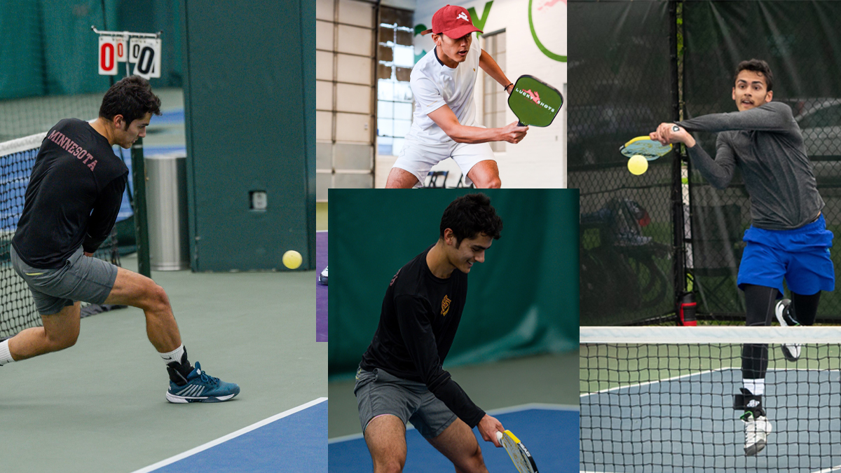 U.S. Bank data engineer Aanik Lohani playing pickelball in a collage of several photos.